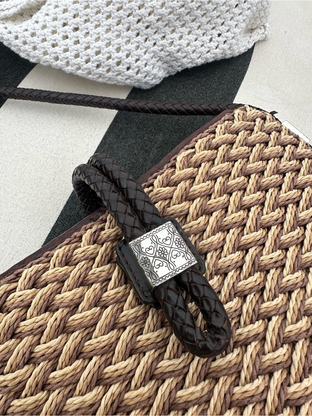 Brighton Woven Straw / Jute Crossbody Bag with Dark Brown Genuine Leather - Picture 6 of 10